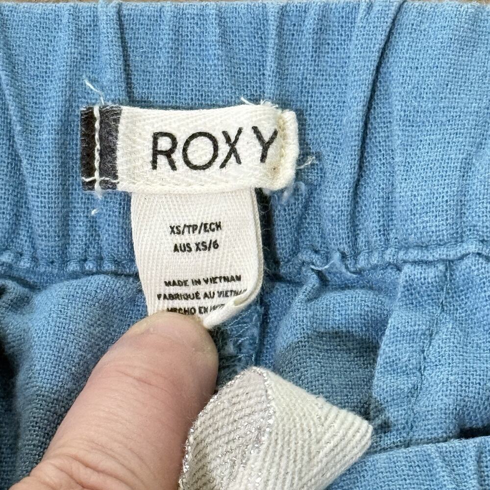 Roxy On The Seashore Pants XS Blue Linen Blend Drawstring Elastic Waist Roll Tab - Picture 3 of 10